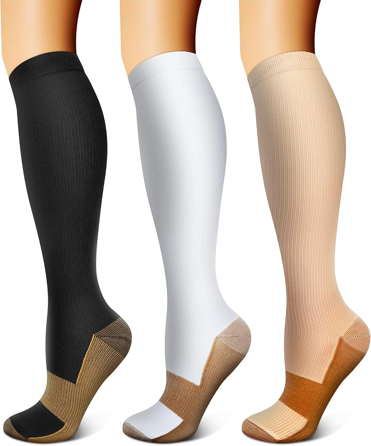 FEYHAY Copper Compression Socks (3 Pairs) 15-20 mmHg Circulation is Best Athletic & Daily for Men & Women, Running, Climbing