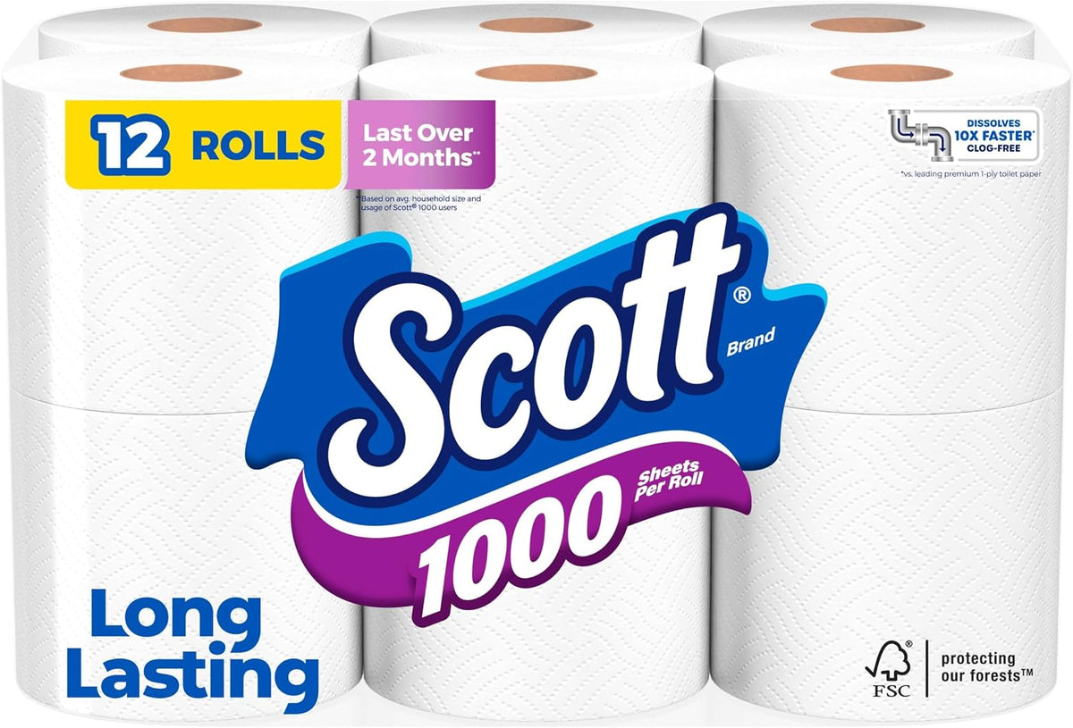 Scott 1000 Trusted Clean Toilet Paper, 32 Rolls, 1000 Sheets per Roll
