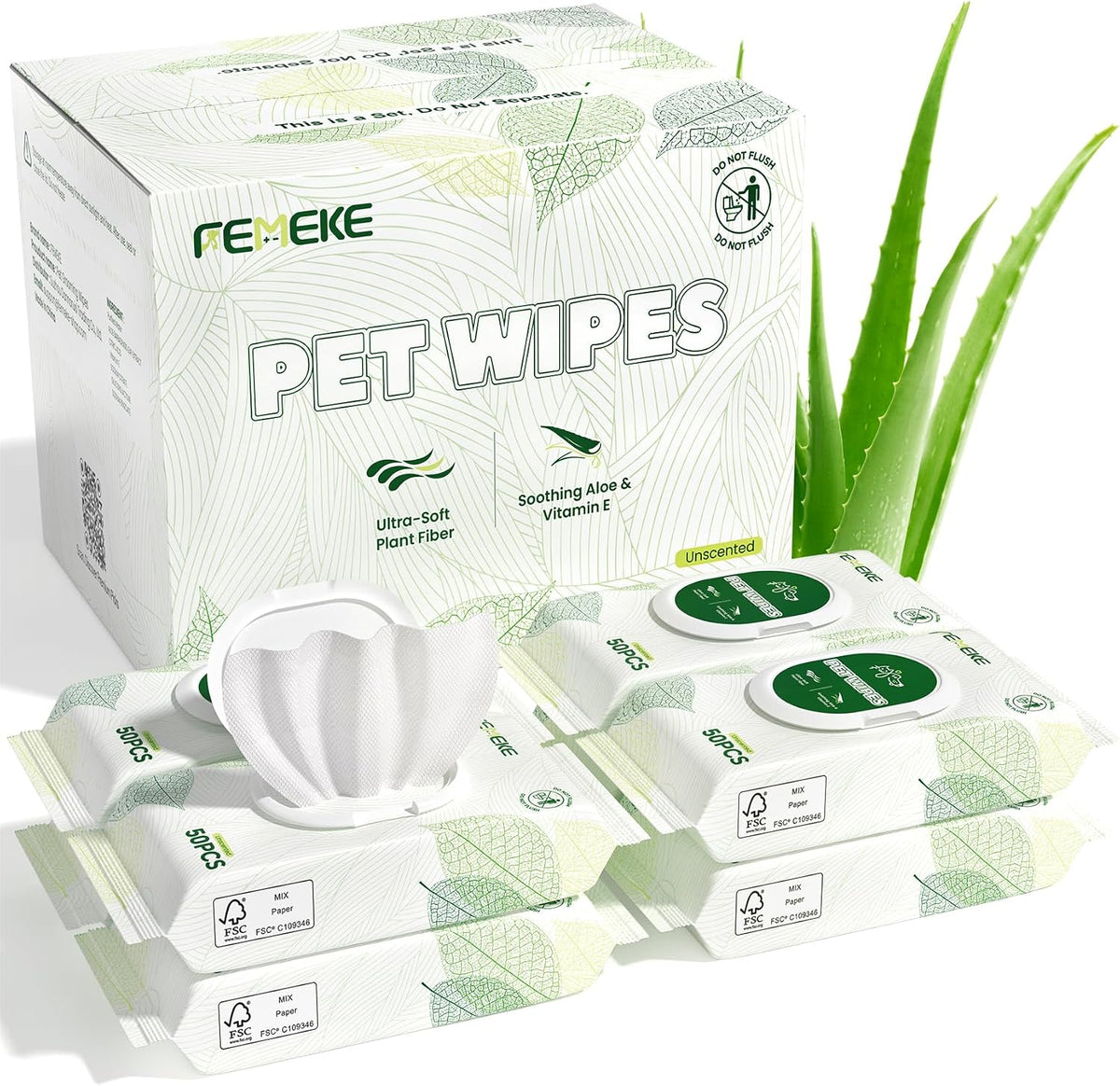 Unscented Dog Wipes & Cat Wipes (4x50 Packs) | Hypoallergenic, pH Balanced for Paws, Body, Eyes & Ears Grooming |All-Natural Plant Fiber Wipes with Aloe & Vitamin E | Pearl Texture