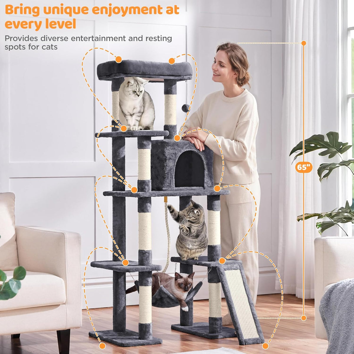 Yaheetech 63in Sturdy Large Cat Tree for Indoor Heavy Cats, Tall Tower