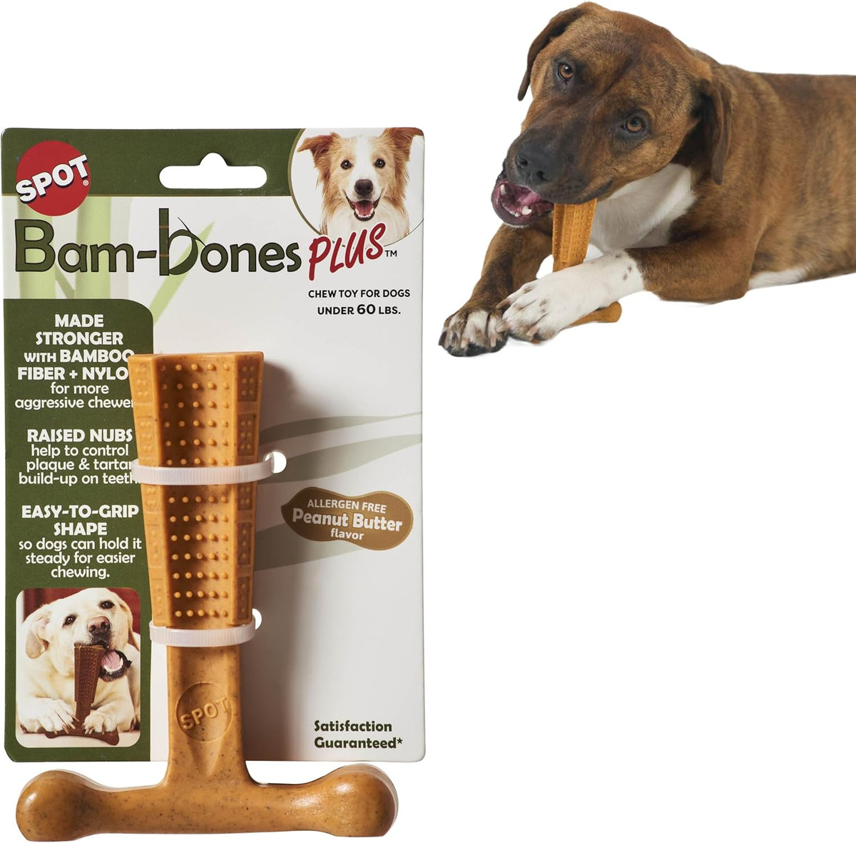 SPOT Bam-Bones Plus T Bone – Bamboo Fiber & Nylon Dog Chew Toy for Moderate to Aggressive Chewers, Durable Long Lasting & Non-Splintering, Beef Flavor Toy for Adult Dogs & Puppies Under 60 lbs, 6 in