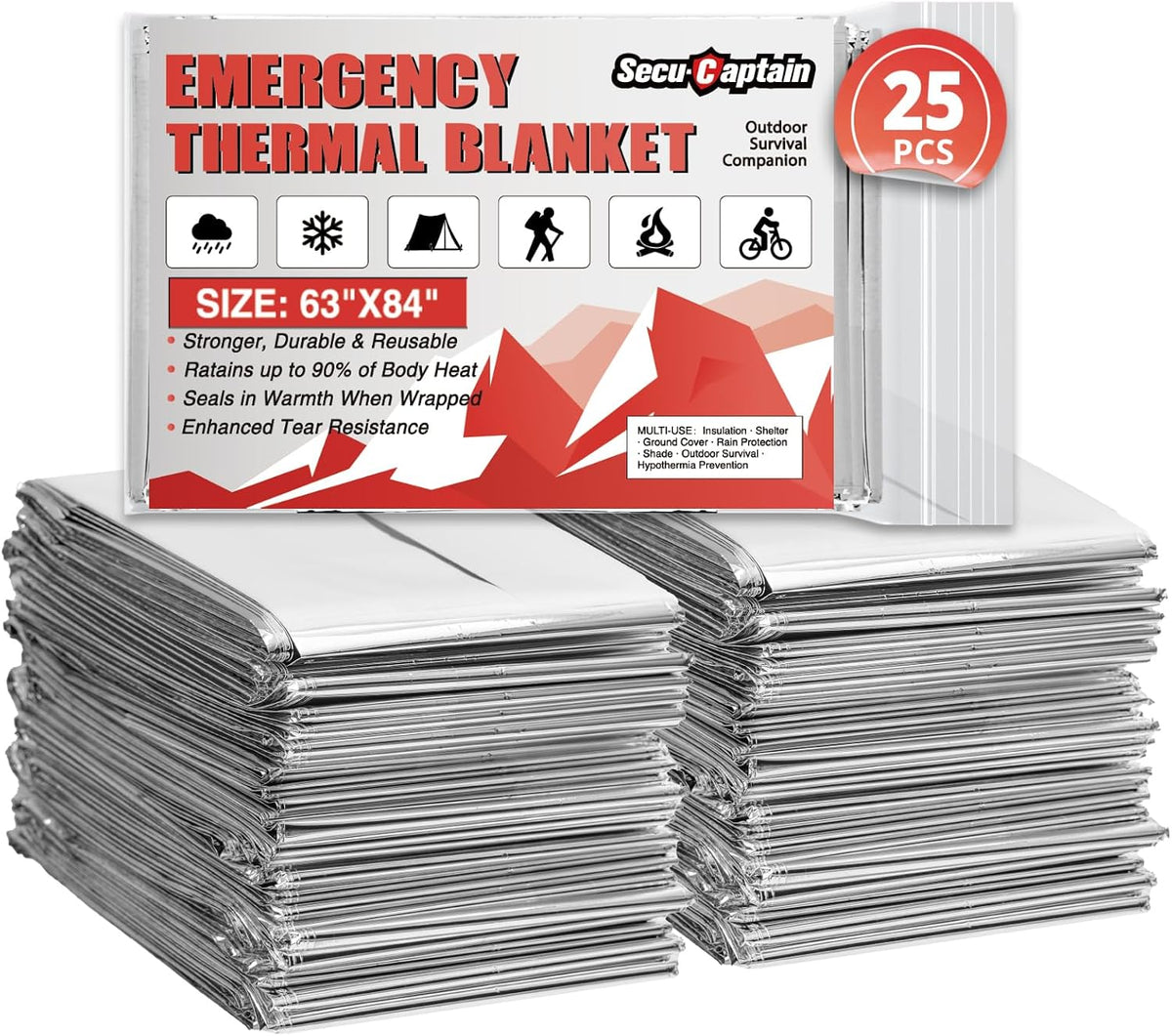SecuCaptain Survival Emergency Thermal Blankets: Extra Large 84” x63” 4/10/25/30/50/75/100 PCS Space Mylar Blanket Kit for Outdoor Cold Winter Camping Hiking Car Bug Out Bag or First Aid