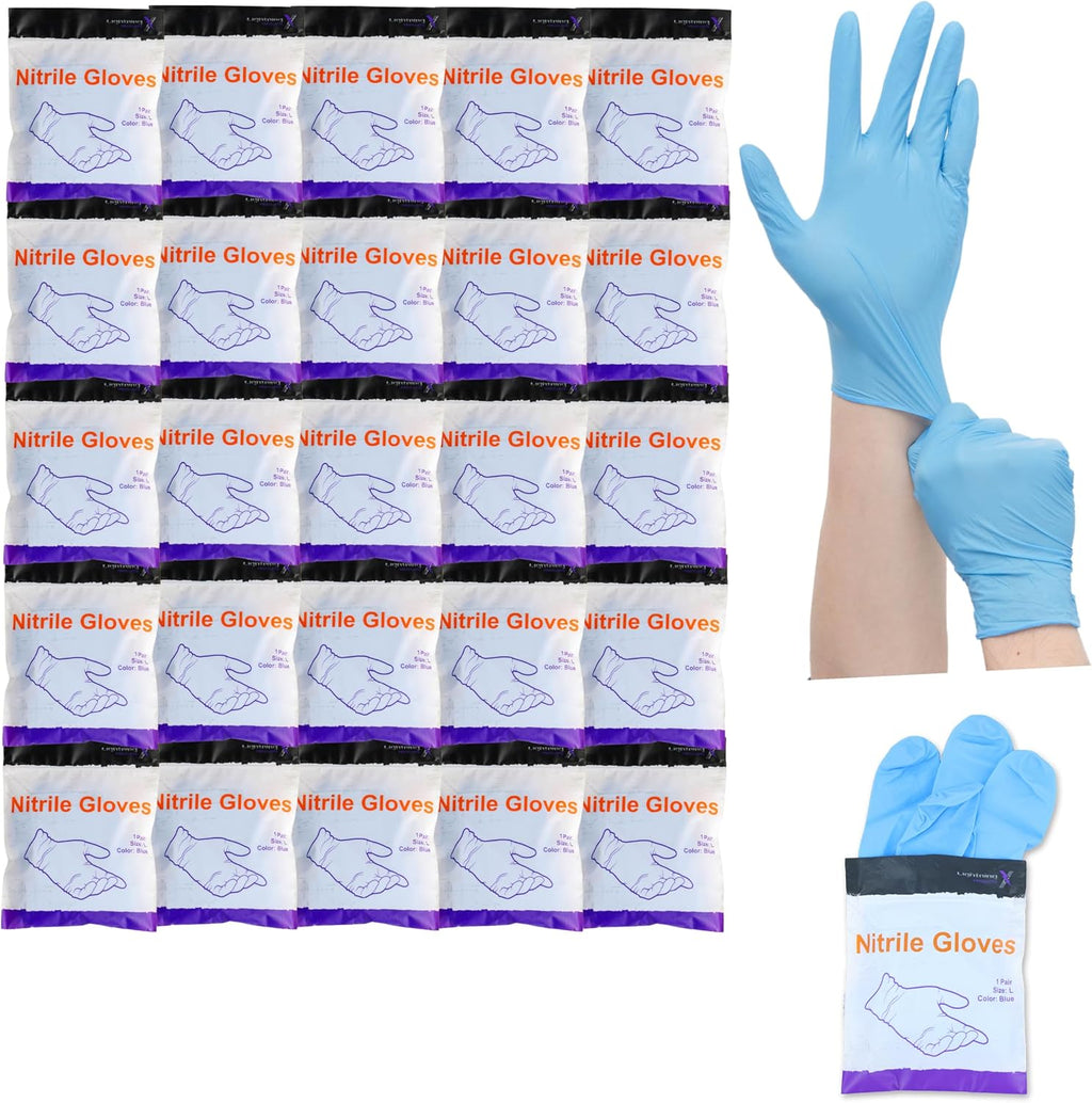 Lightning X Nitrile Exam Glove Pairs | Individually Packed | 50 Gloves | 25 Pairs | Resealable Zip Bag - Large (Fits Most)