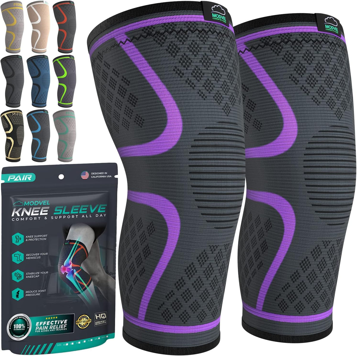 Modvel Compression Knee Brace for Women & Men - 2 Pack Knee Brace for Women Running Knee Pain, Knee Support Compression Sleeve, Workout Sports Knee Braces for Meniscus Tear ACL & Arthritis Pain Relief