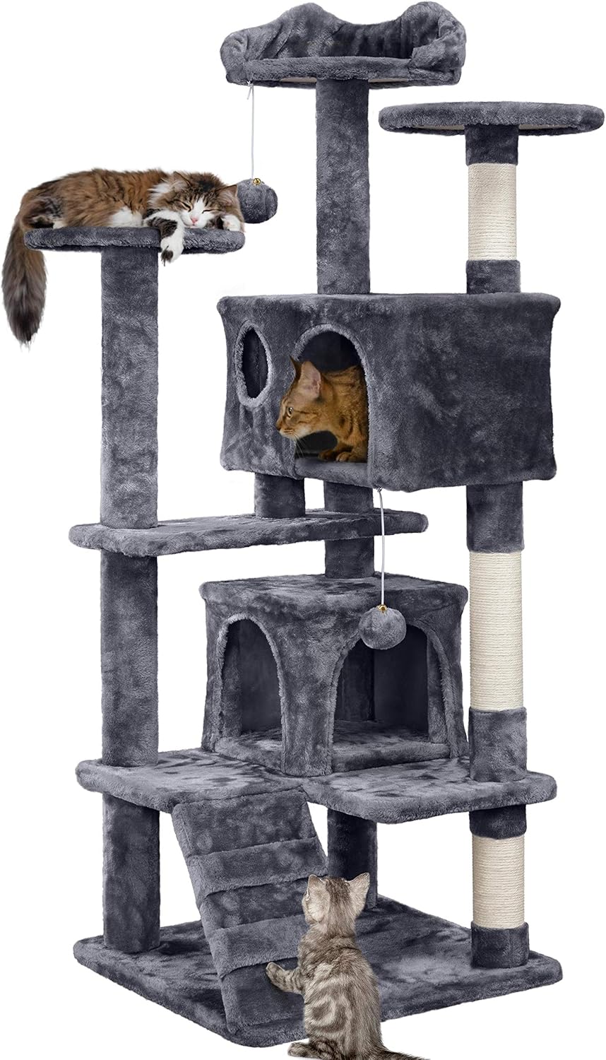 Yaheetech 54in Cat Tree Tower, 2 Caves, Kitten-Ear Perch & Scratching Posts