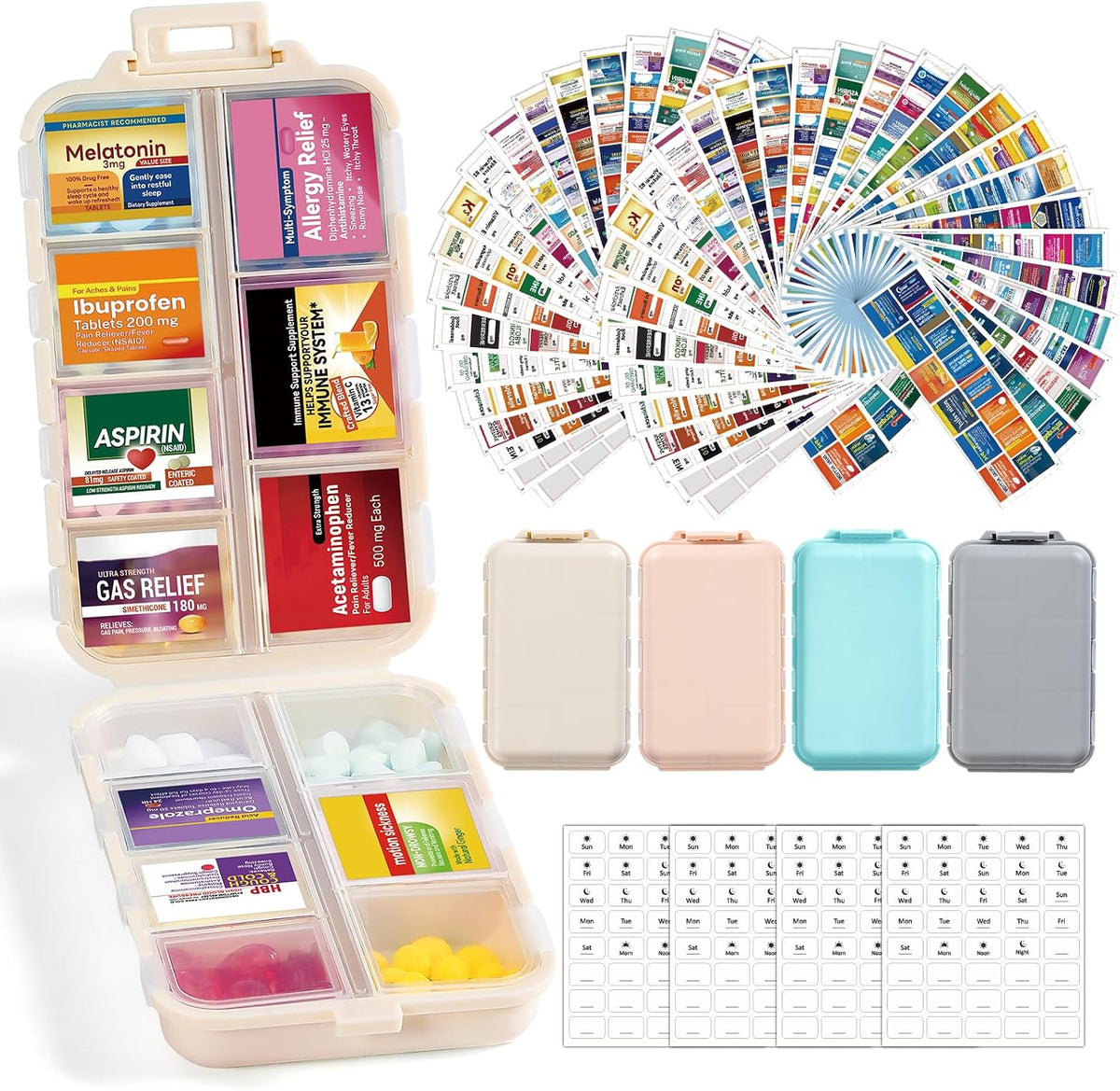 LANDNEOO 14 Grids Pill Organizer Box with Labels, Travel Medication Holder Dispenser Case Kit, Pocket Daily Pharmacy Container for Fish Oil Vitamin Supplement Storage, Khaki Pink Grey, 3 Pack