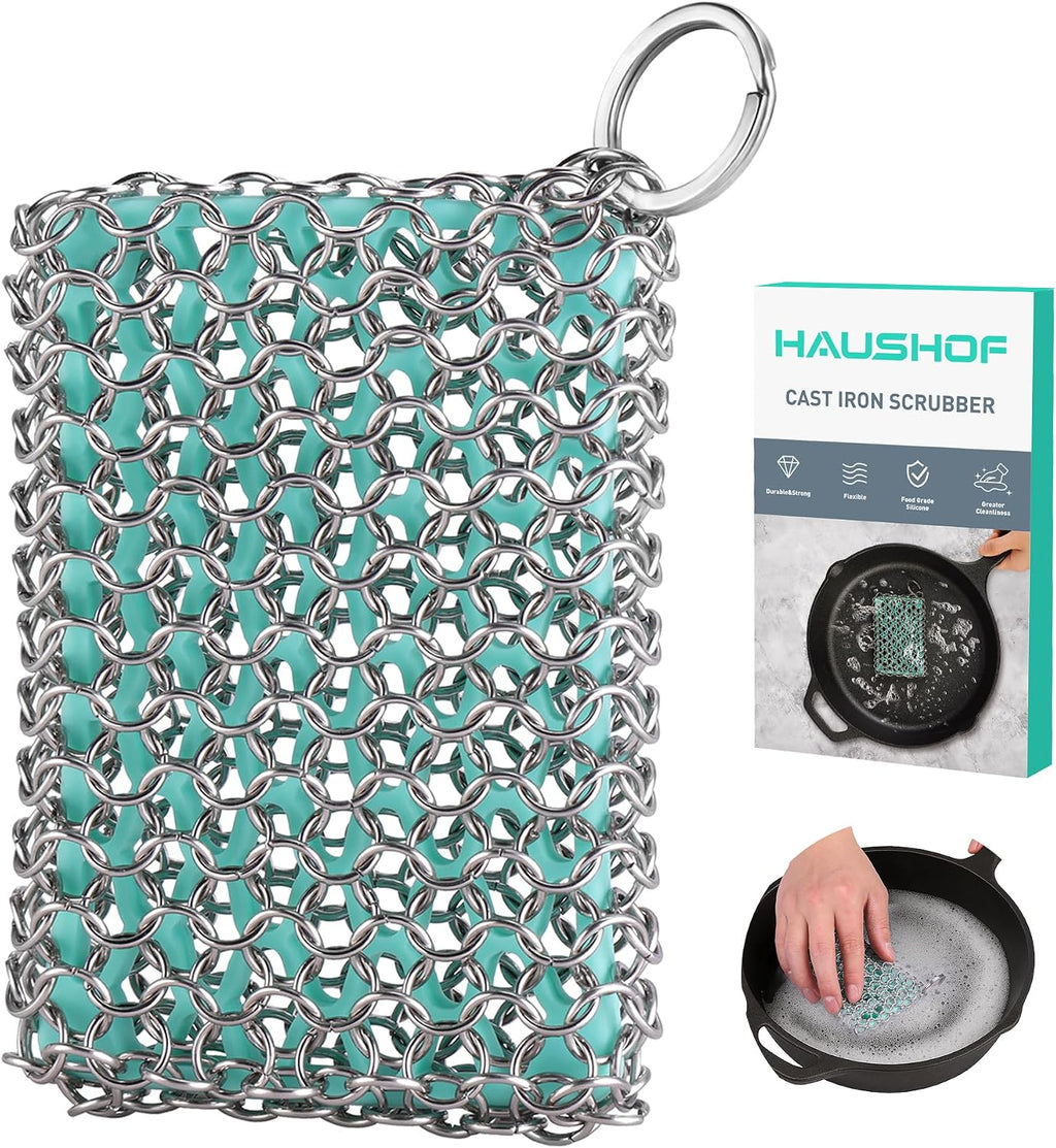 HAUSHOF Cast Iron Scrubber, Chainmail Scrubber Cast Iron Cleaner