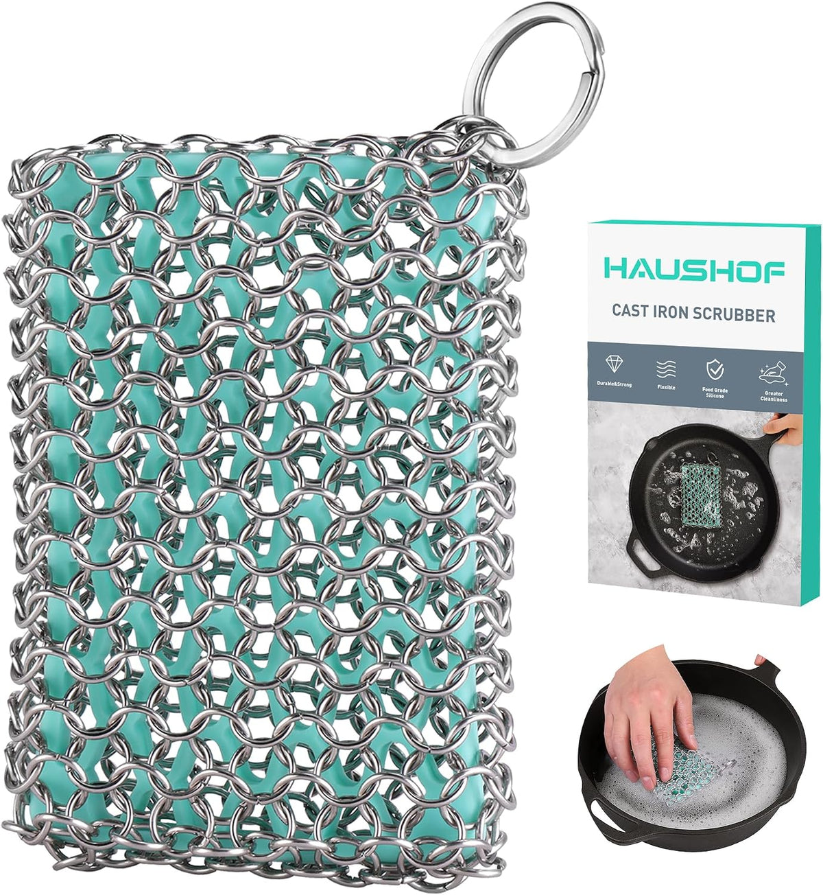 HAUSHOF Cast Iron Scrubber, Chainmail Scrubber Cast Iron Cleaner