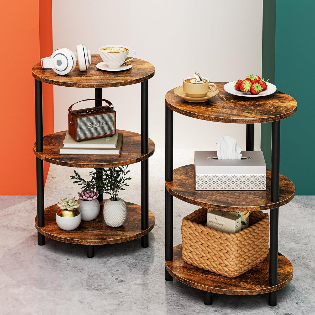 Round Small End Table - 3 Tier Oval Accent Table for Small Spaces, Rustic Wood and Metal Couch Side Table, Nightstand for Bedroom or End Table Living Room, Easy to Assemble, Rustic Brown