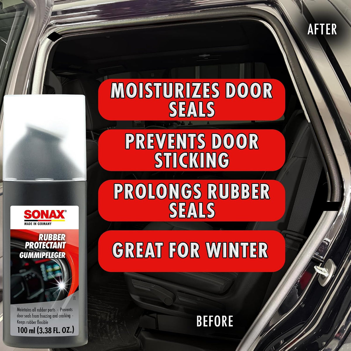 SONAX Rubber Protectant | GummiPfleger | Rubber Trim and Seal Conditioner | Prevents Sticking in Winter | Easy Application | Prolongs Rubber Seals | 340100