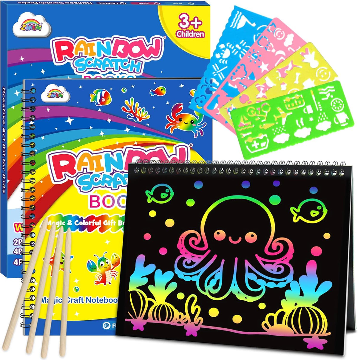 ZMLM Scratch Paper Art-Crafts Gift: 2 Pack Rainbow Notebooks Supplies Toys
