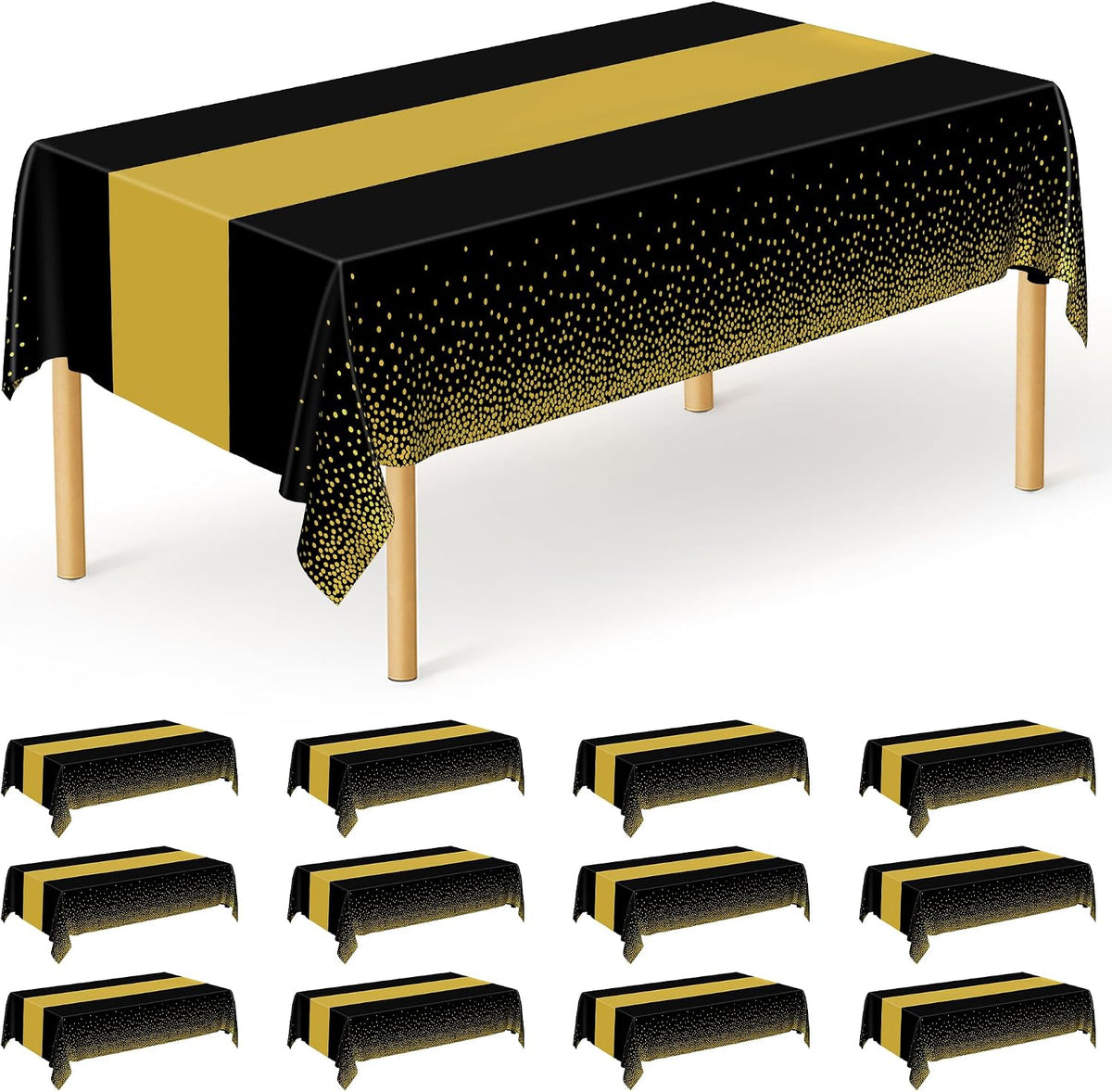 4Pack Black and Gold Tablecloths for Events, 54" x 108" Plastic Table Cloth Disposable for Rectangle Tables, Waterproof Table Cloth Cover for New Years Eve Decorations Holiday Birthday Wedding Dining