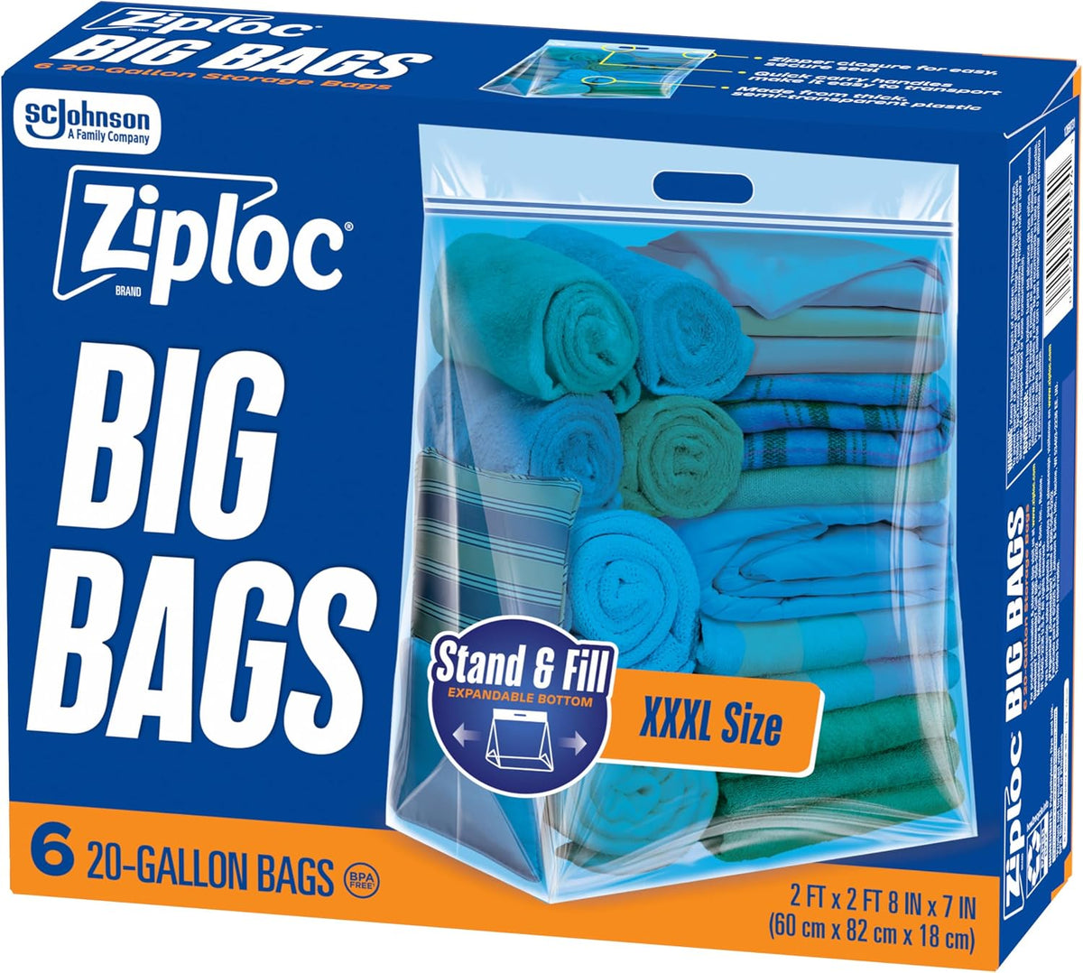 Ziploc Big Bags 3 Gallon Large, Reusable Large-Capacity Plastic Storage Bags, 10 count