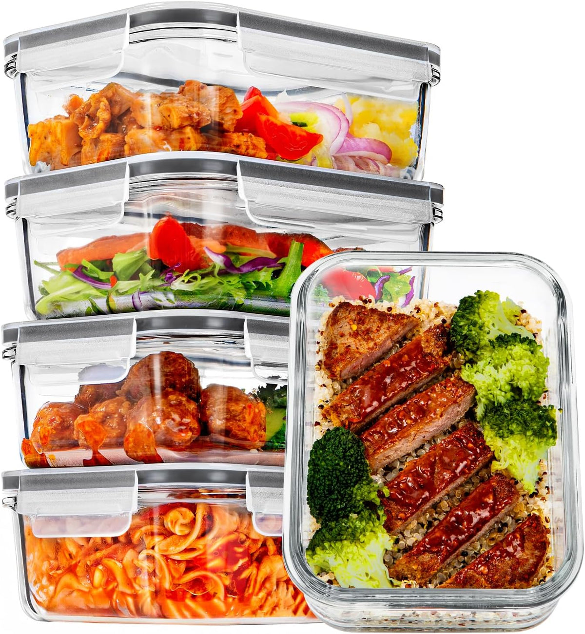 Vtopmart 5Pack 22oz Glass Storage Containers with Lids, Grey