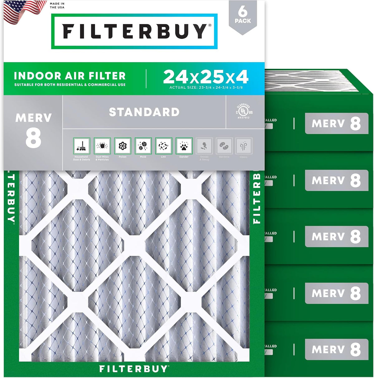 Filterbuy 16x25x1 Air Filter MERV 8 Dust & Allergy Defense (6-Pack)