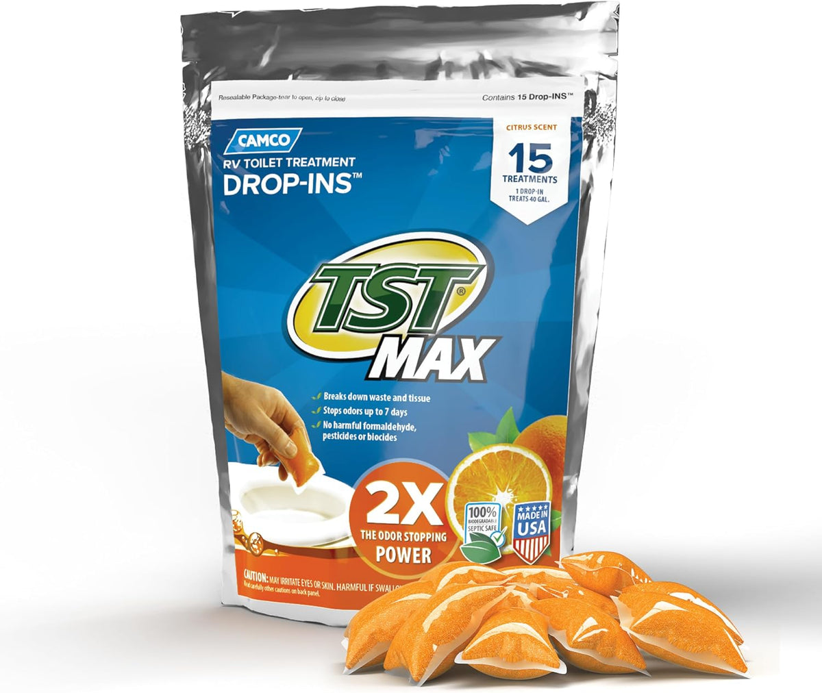 Camco TST MAX RV Toilet Treatment Drop-INs - Orange 30-pk - Made in the USA