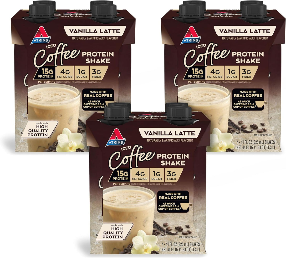 Atkins Café au Lait Iced Coffee Flavored High Protein Shake, Low Sugar and Low Carb, Keto Friendly, Ready to Drink Protein Drink, Gluten Free, 12 Count