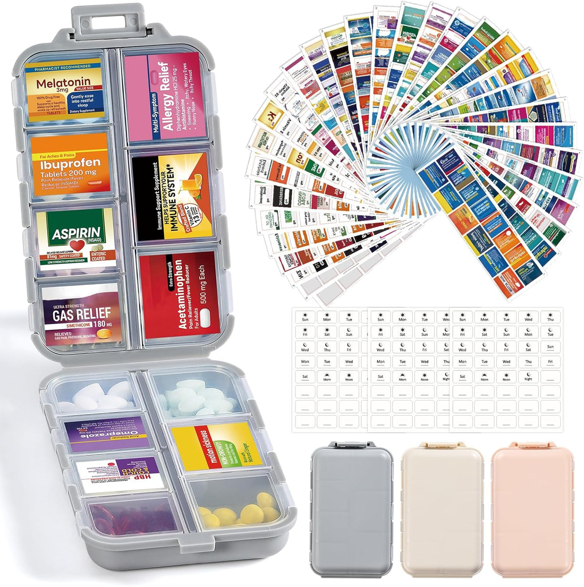 LANDNEOO 14 Grids Pill Organizer Box with Labels, Travel Medication Holder Dispenser Case Kit, Pocket Daily Pharmacy Container for Fish Oil Vitamin Supplement Storage, Khaki Pink Grey, 3 Pack