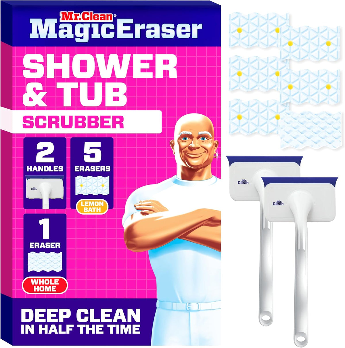 Mr. Clean Magic Eraser Shower & Tub Scrubber, Bathroom Cleaner, All in One Bathroom Cleaner, Lemon Starter Kit, 1 Scrubber & 2 Foaming Magic Erasers
