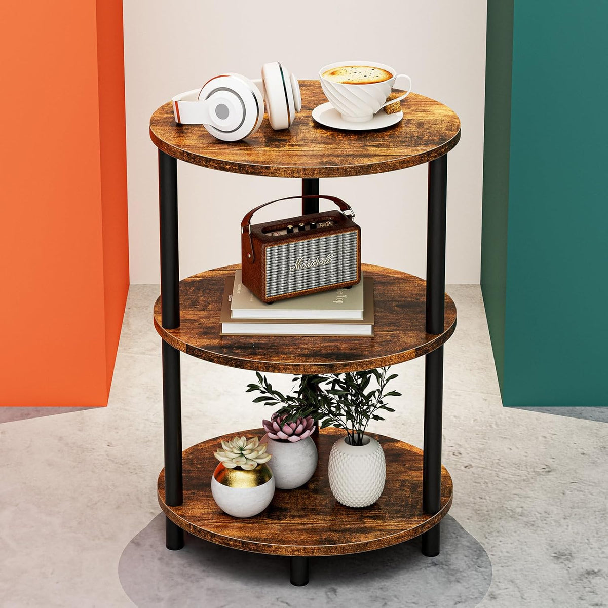 Round Small End Table - 3 Tier Oval Accent Table for Small Spaces, Rustic Wood and Metal Couch Side Table, Nightstand for Bedroom or End Table Living Room, Easy to Assemble, Rustic Brown