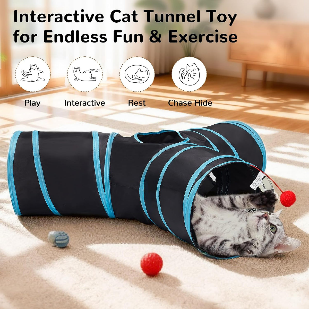 Tempcore Cat Tunnel, 3-Way Collapsible Toy for Indoor Cats, Black & Blue