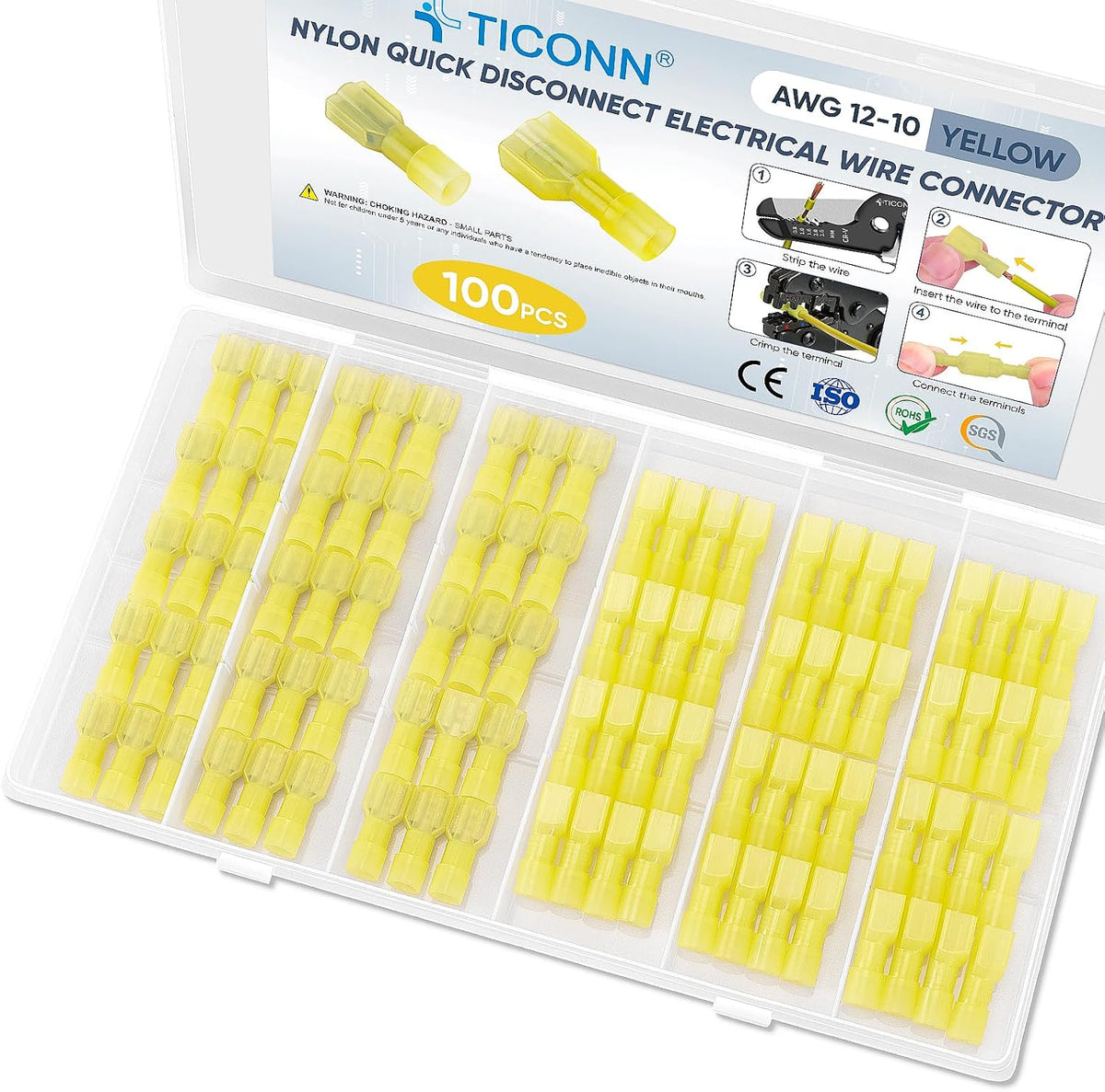 TICONN 100 Pcs Nylon Spade Connector Kit, Insulated Crimp Wire Connectors