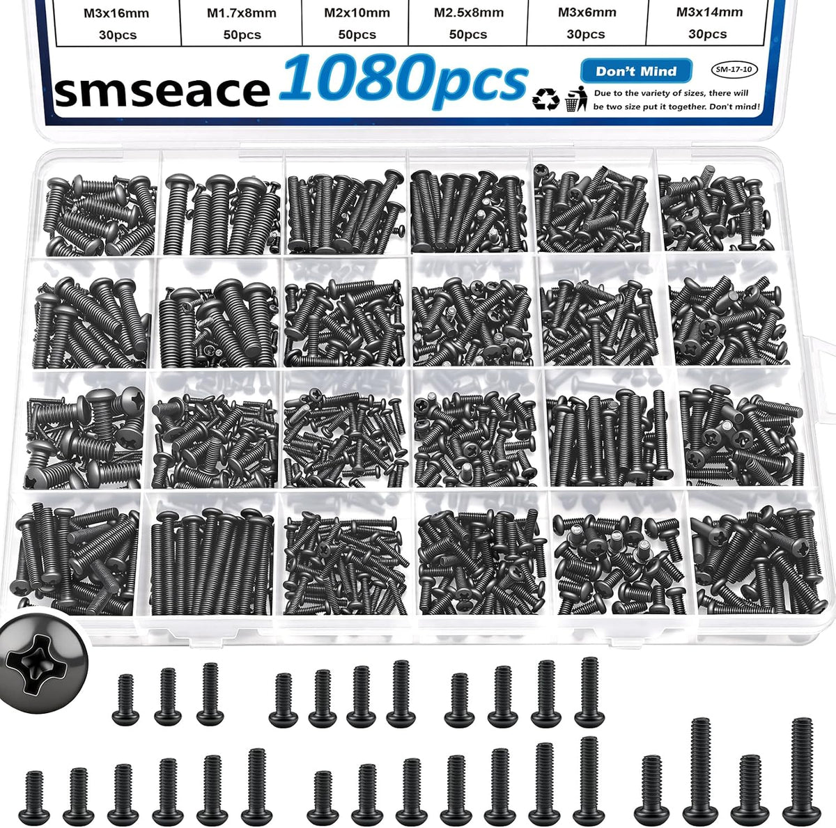 smseace 516Pcs Nuts and Bolts Assortment Kit 21-Sizes M3/M4/M5/M6 Nut Bolt Washer Assortment Kit for Machinery, Furniture, Automotive, Motorcycle Repairs