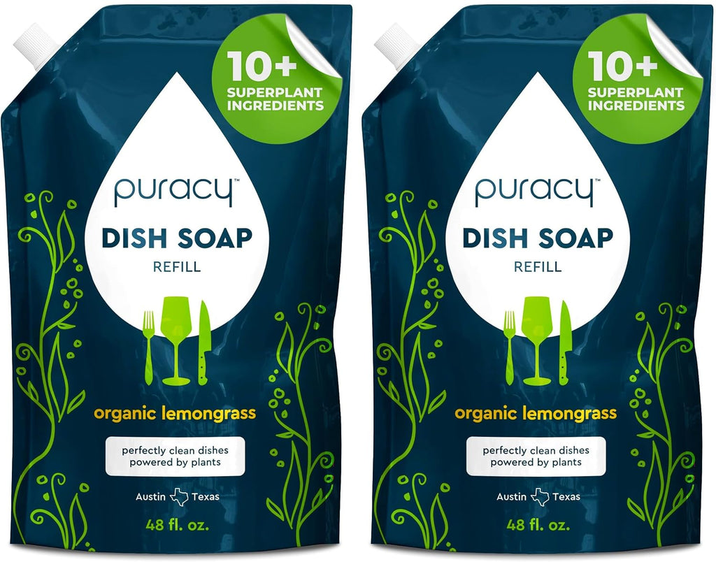 Puracy Natural Dish Soap Refill - Skin-Softening Plant-Based Liquid Dishwashing Detergent Soap, Clean-Rinsing Water-Sheeting Formula (Organic Lemongrass, 48 fl oz)