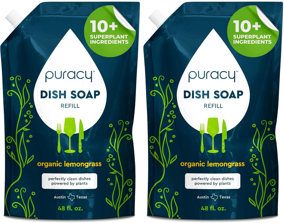 Puracy Natural Dish Soap Refill - Skin-Softening Plant-Based Liquid Dishwashing Detergent Soap, Clean-Rinsing Water-Sheeting Formula (Organic Lemongrass, 48 fl oz)