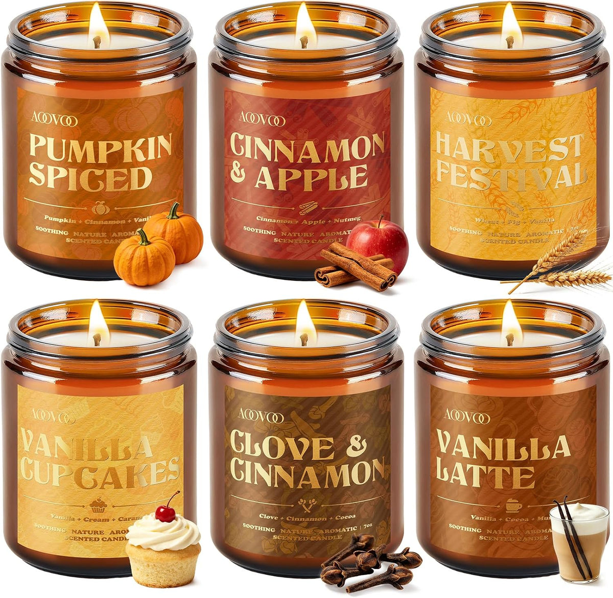 AOOVOO 6 Pack Fall Candles Set - 42oz Autumn Candle Gift for Home Scented