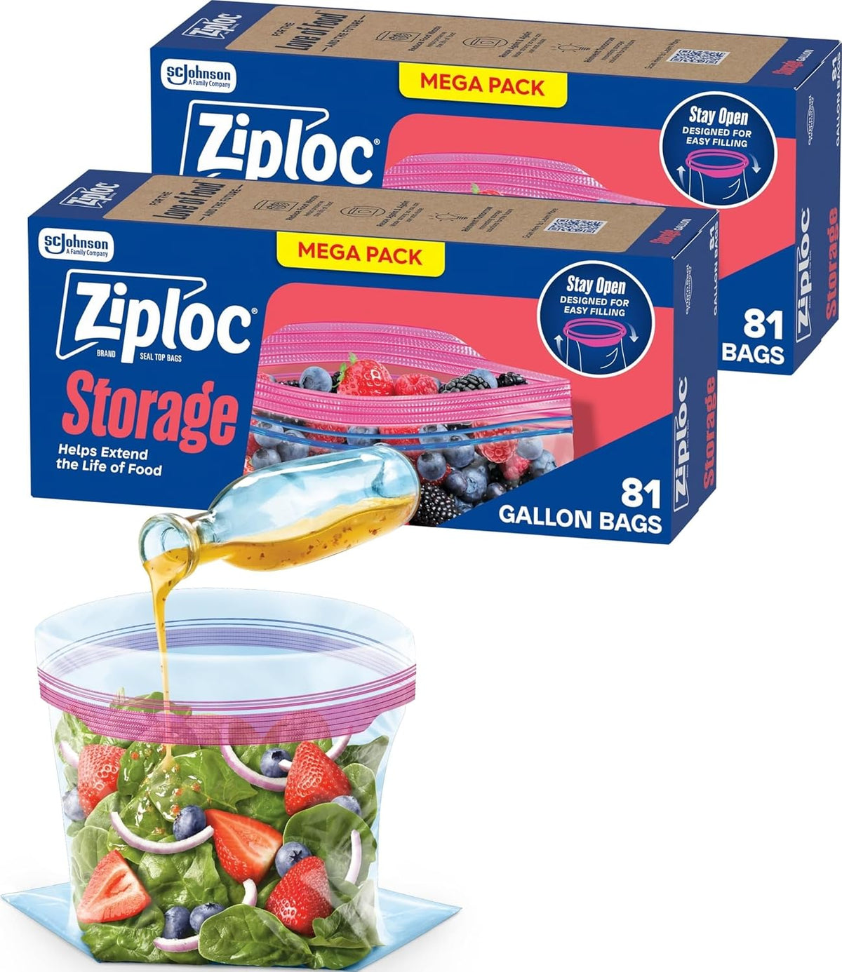 Ziploc Gallon Food Storage Bags, Stand-Up Bottom, Easy to Fill, 96 Count