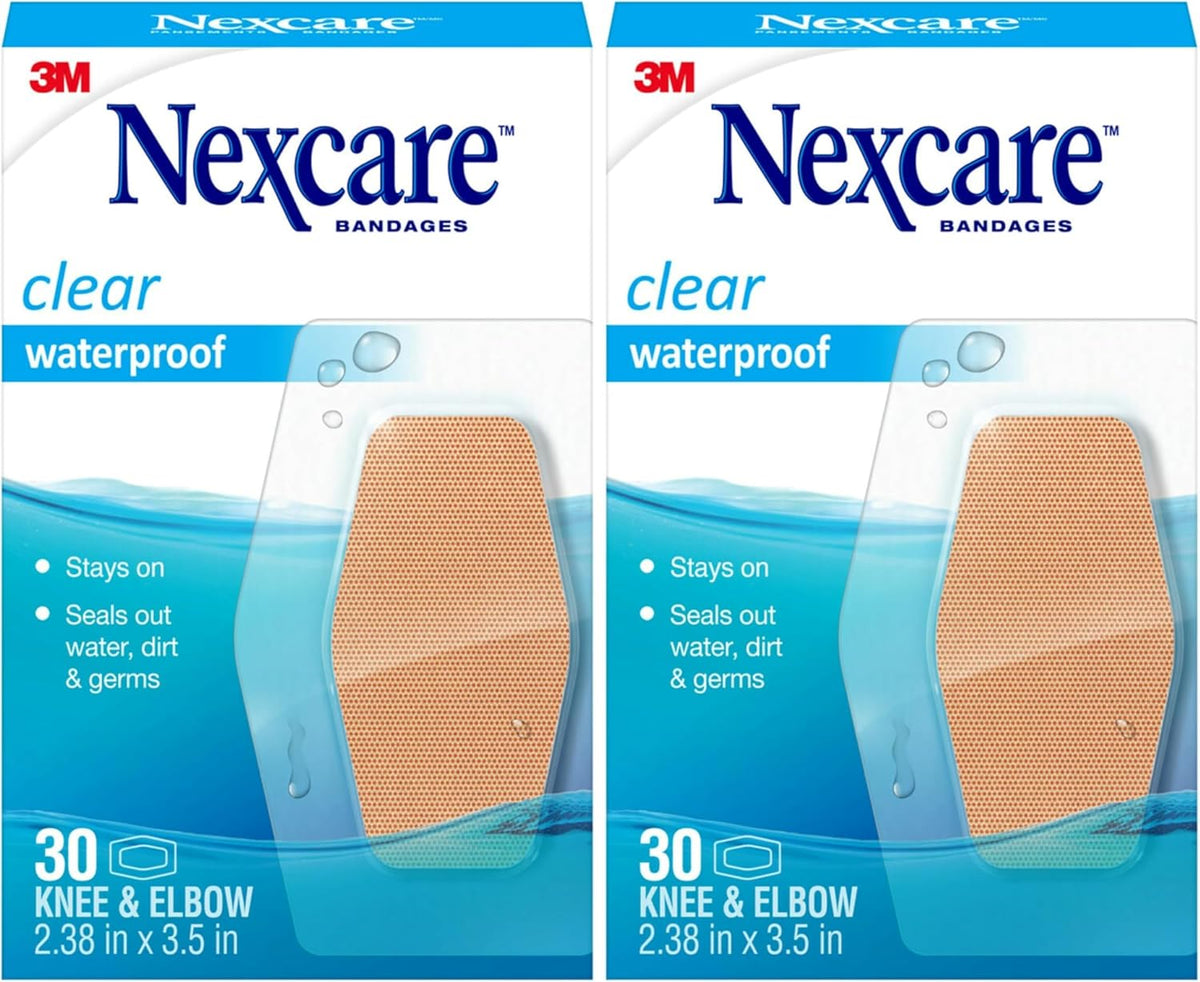 Nexcare Waterproof Clear Bandages For Knee And Elbow, Stays On Skin In The Bath, Shower Or Pool, 2.38 x 3.5 in, 30 Count