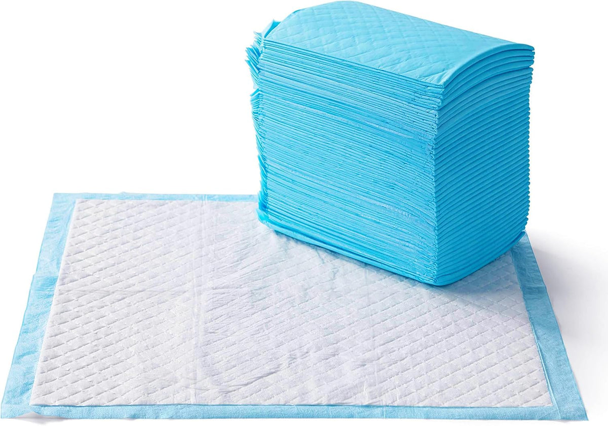 Amazon Basics X-Large Heavy Duty Absorbent Puppy Potty Pads, Leak-Proof, Quick-Dry, Super Absorbent Gel Technology for Dog Training, 28 x 34 Inches, Blue & White, Pack of 50