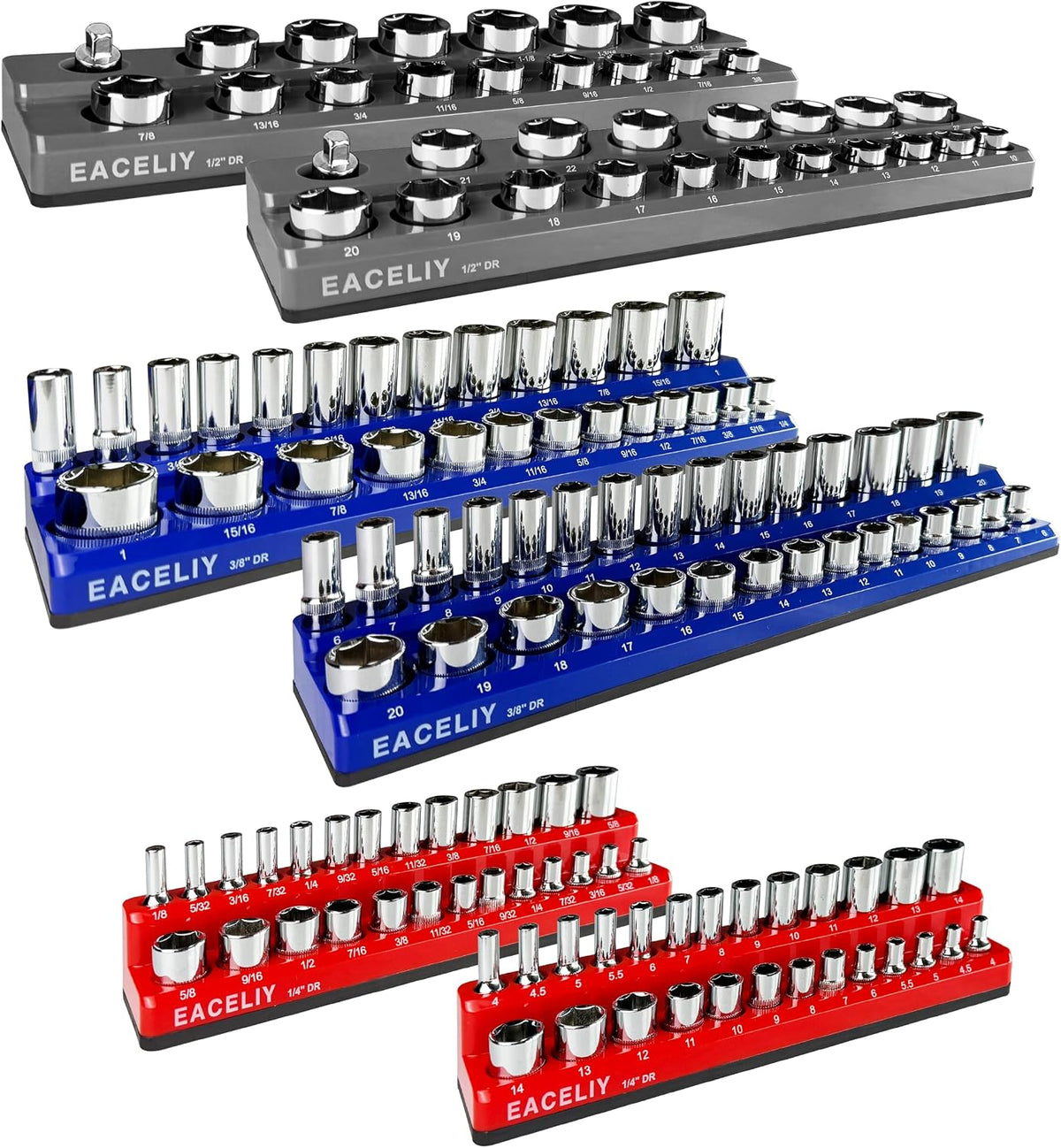EACELIY Magnetic Socket Organizer Set, 1/2", 1/4" and 3/8" SAE & Metric Deep & Shallow Socket Holder Kit, holds 141 stanard Sockets, attaches to steel box/tool cart (sockets not included) 丨6PCS