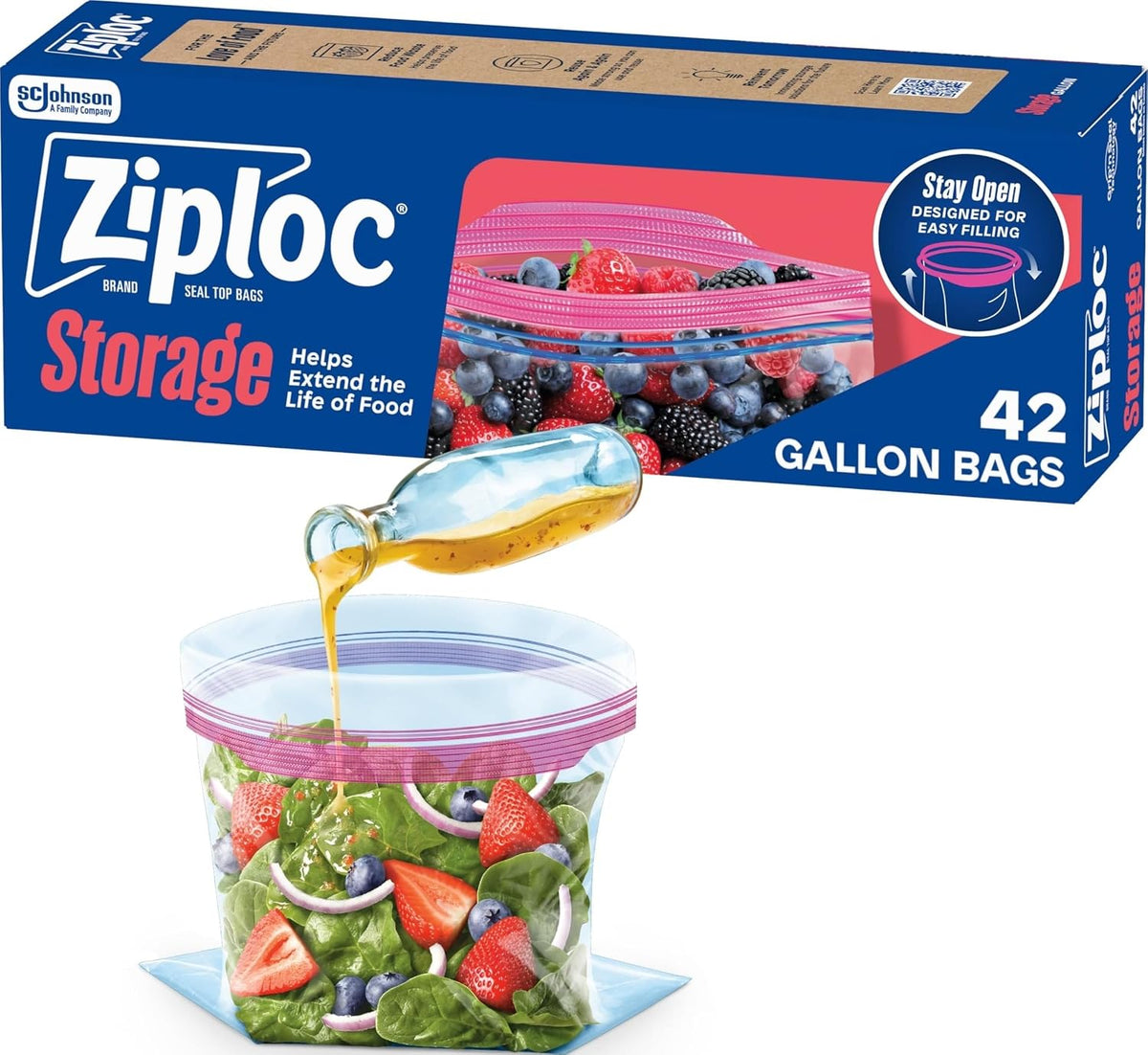 Ziploc Gallon Food Storage Bags, Stand-Up Bottom, Easy to Fill, 96 Count