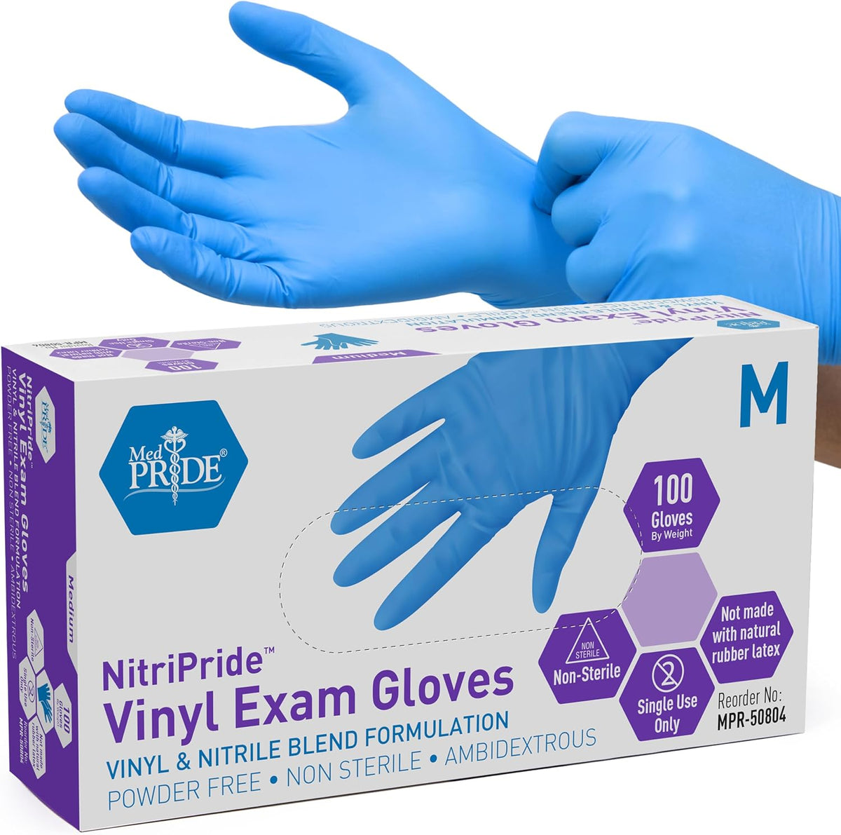 MED PRIDE Nitrile/Vinyl Blend Exam Gloves,Powder-Free,Blue,Large,100-Count