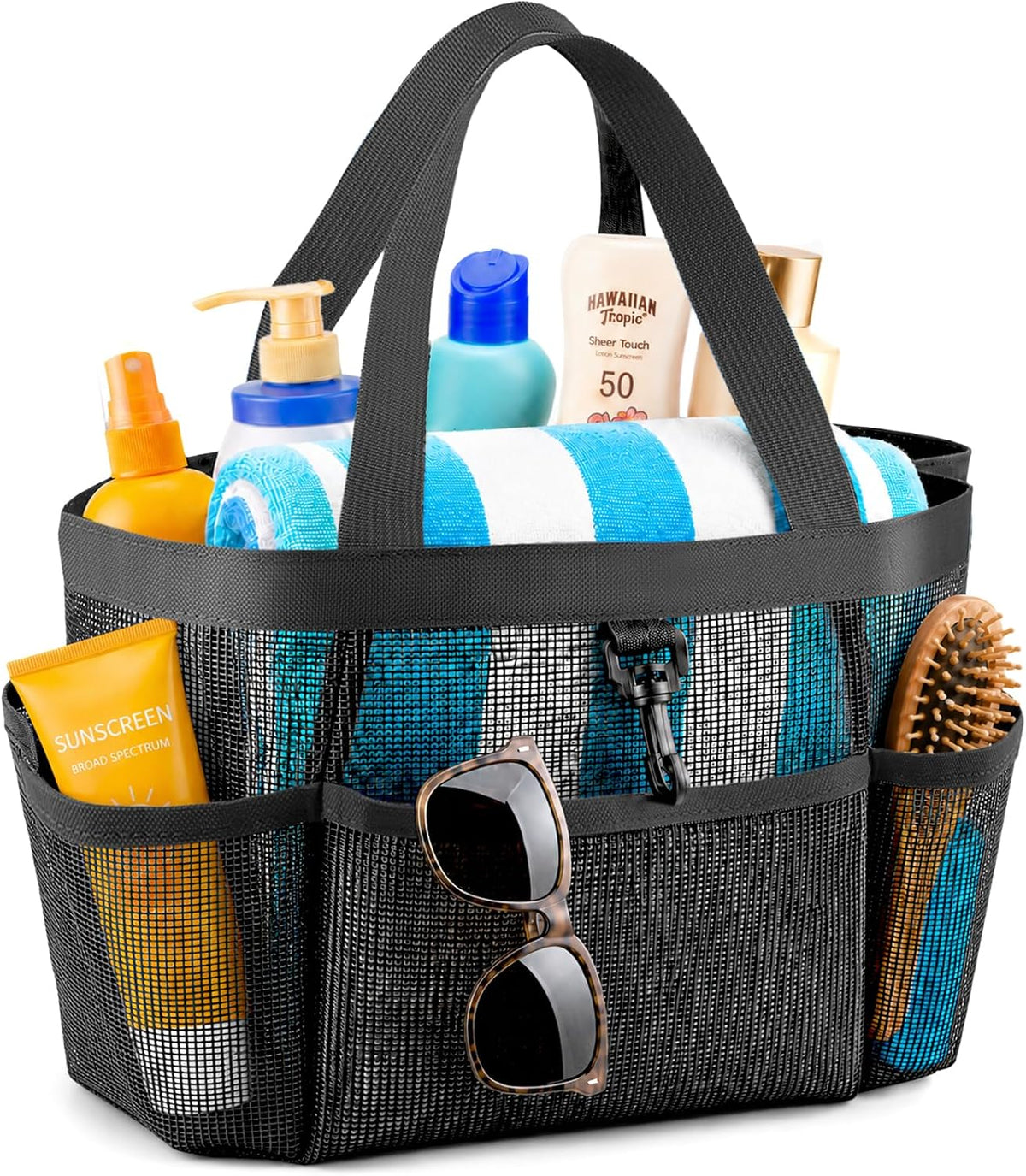 LOYEE Mesh Shower Caddy Portable for College Dorm Room Essentials with 8 Pockets, Shower Bag for Beach, Swimming, Gym, Travel, Bathroom(Black)