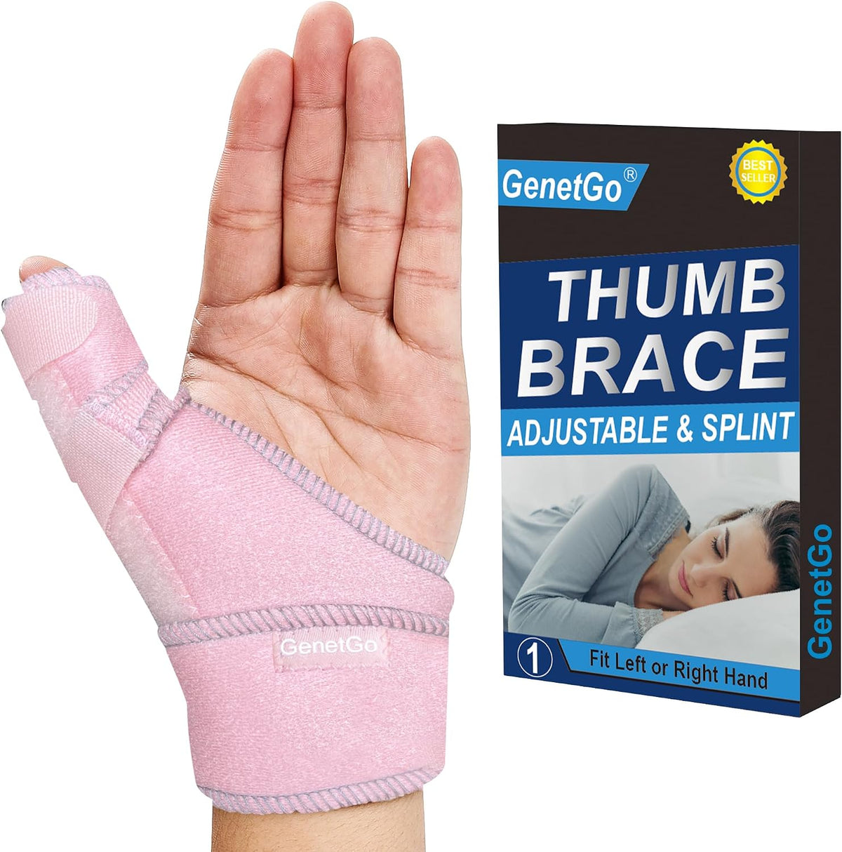 GenetGo Trigger Thumb Splint - Thumb Spica Support Brace Stabilizer for Pain, Sprains, Arthritis, Tendonitis (Right Hand or Left Hand) (Black)