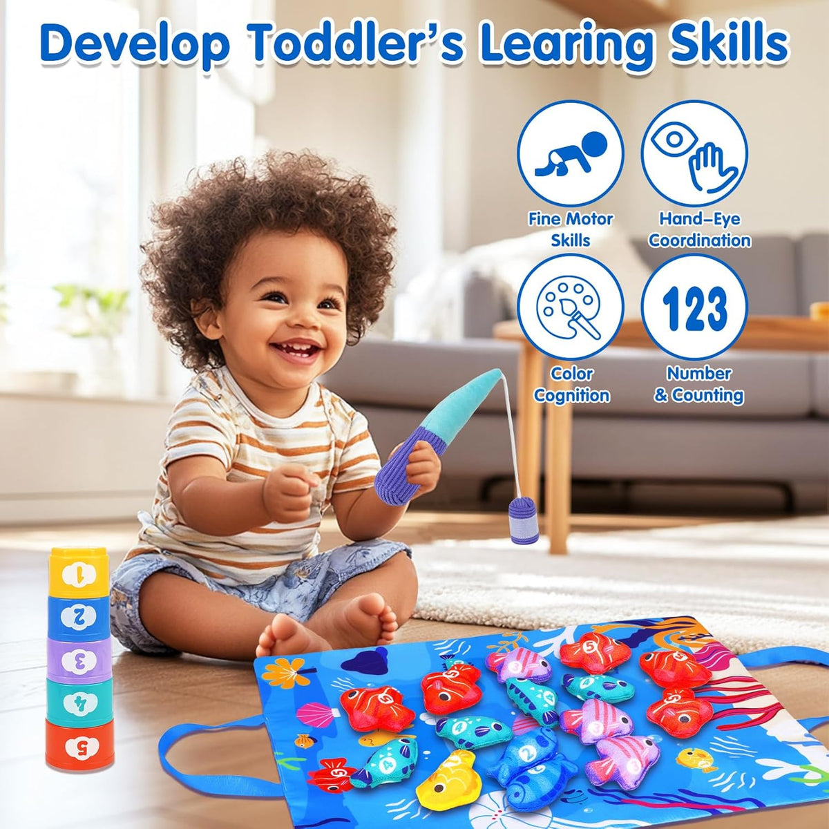 Montessori Toys for 1 Year Old: Cloth Fishing Game with Stacking Cups