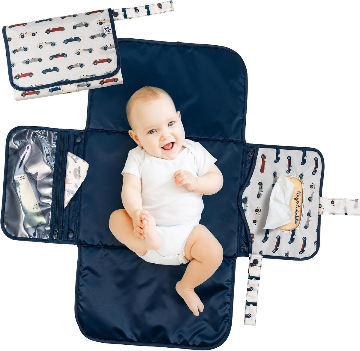 Tiny Twinkle Portable Diaper Changing Pad | Waterproof, Wipeable & Compact Baby Changing Pad for Travel | Smart Wipes Pocket & Organized Storage| Newborn Shower Gift (Sage Checkers)