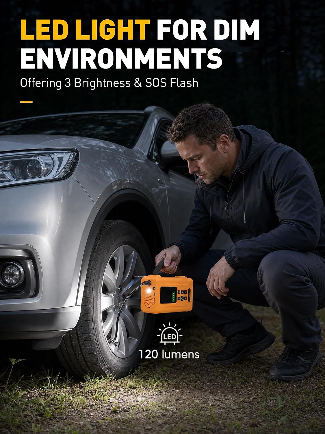 Tire Inflator Portable Air Compressor 160 PSI Air Pump for Car Tires 8000 mAh & 12V DC Powered Fast 30L/min, Digital Tire Pressure Gauge, LED Lights, 5 Modes Auto Shut-off (Yellow, 8000 mAh)