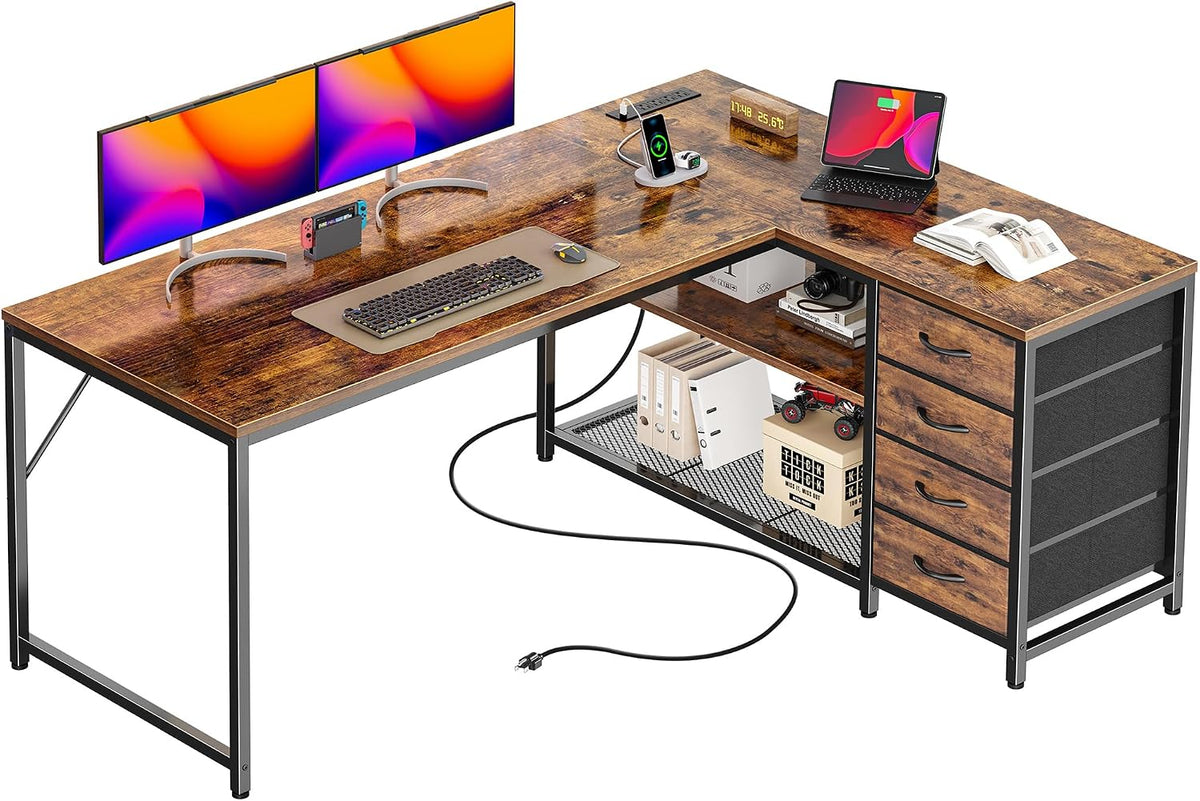 PRAISUN 61" L Shaped Desk with Power Outlets & 4 Drawers