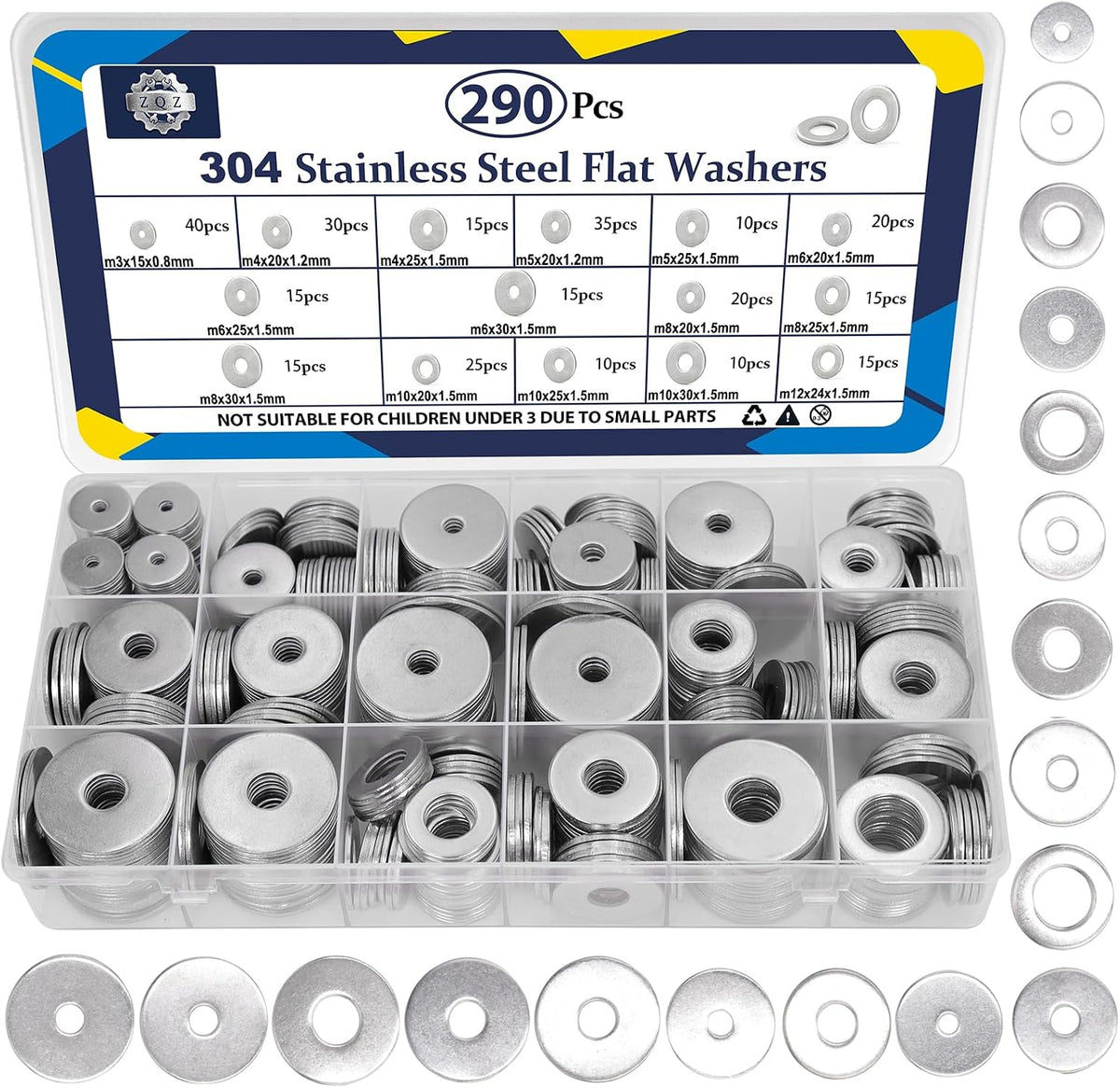 ZQZ 290Pcs Stainless Steel Flat Washers Assortment Kit;Fender Washer M3-M12