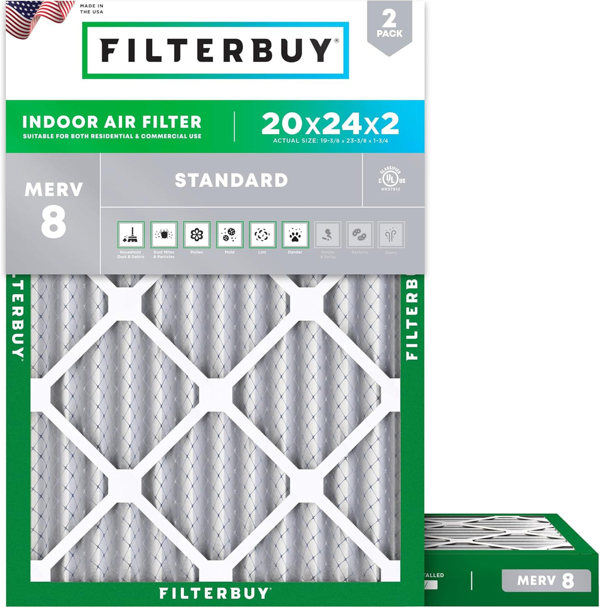 Filterbuy 20x25x4 Air Filter MERV 8 Dust & Allergy Defense (2-Pack)