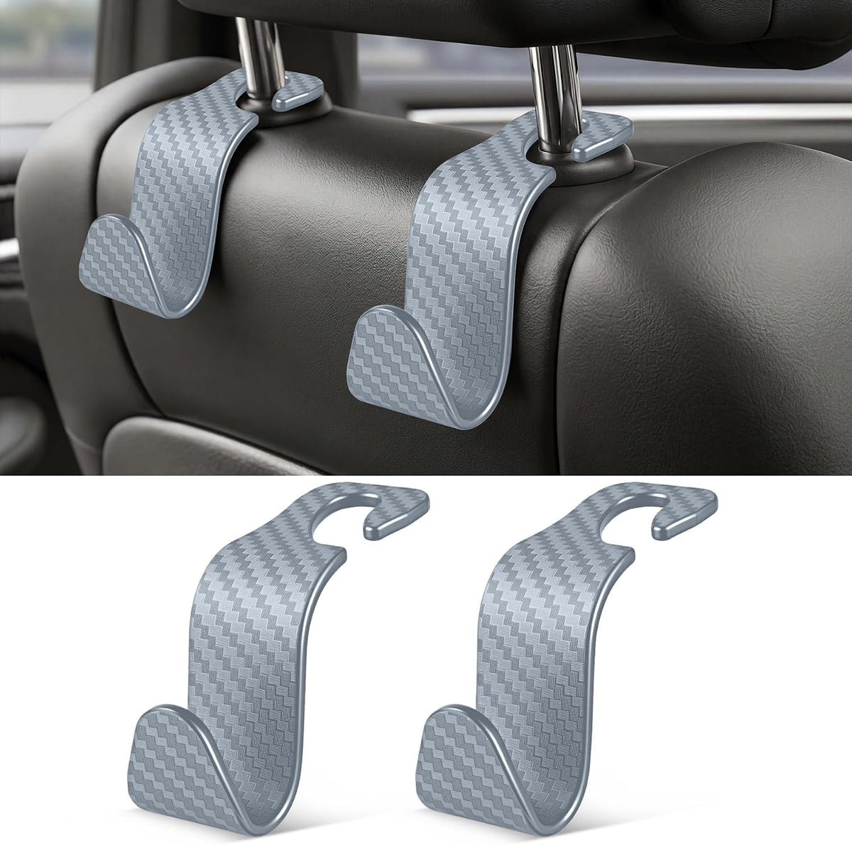 SINGARO Universal 4 Pack Car Seat Headrest Purse Hook, Carbon Fiber Back Seat Hook Storage Organizer Hanger for Purse Handbag Coat, Car Interior Accessories(Black)