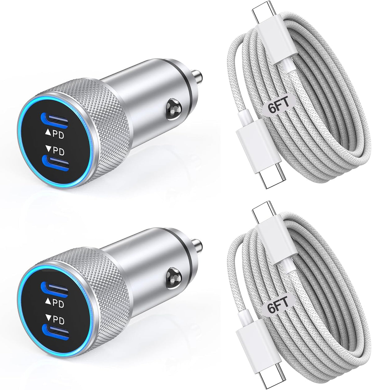 iPhone 17 Car Charger,2Pack Dual Port USB C Fast Car Charger Type C Rapid Charging Adapter with 2Pack USB C to C Nylon Braid Cable Woven Cord Fast Charging for iPhone 17/17 Pro/16/16 Pro Max/iPad