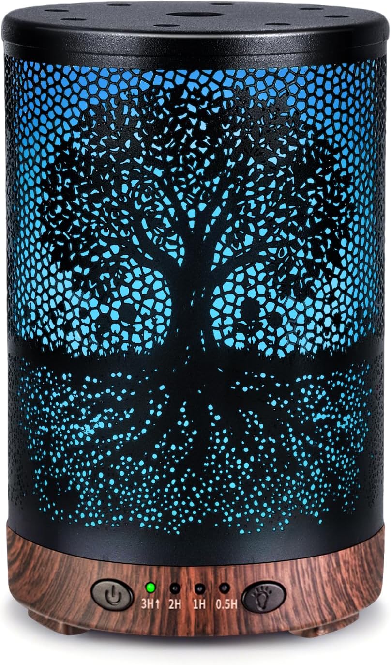 Essential Oil Diffuser 120ML Metal Aromatherapy Diffuser with Timer, Cool Mist Humidifier with Auto Shut-Off & 7 Color Lights for Home Office Spa (Tree)
