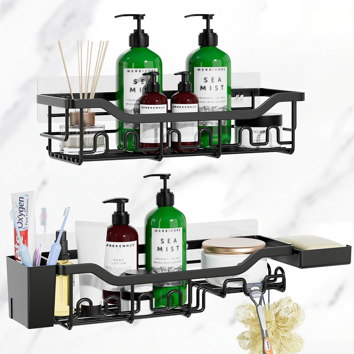 Upgraded Extended Length Shower Organizer with Hooks, Rustproof Shampoo Soap Holder, Large Hanging Bathroom Caddy