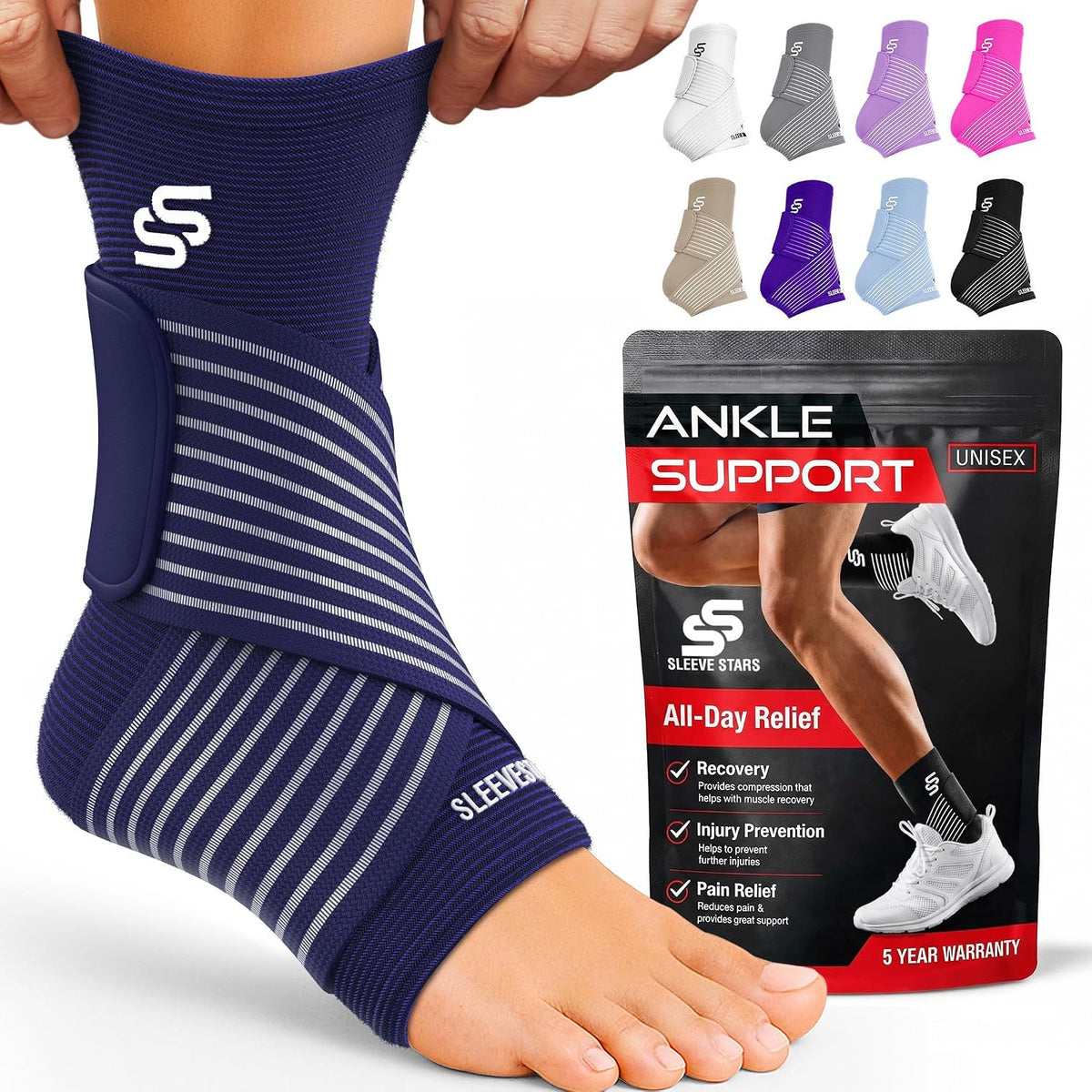 Sleeve Stars Ankle Brace Men & Women Support (Single/M:10"-12"/Black)