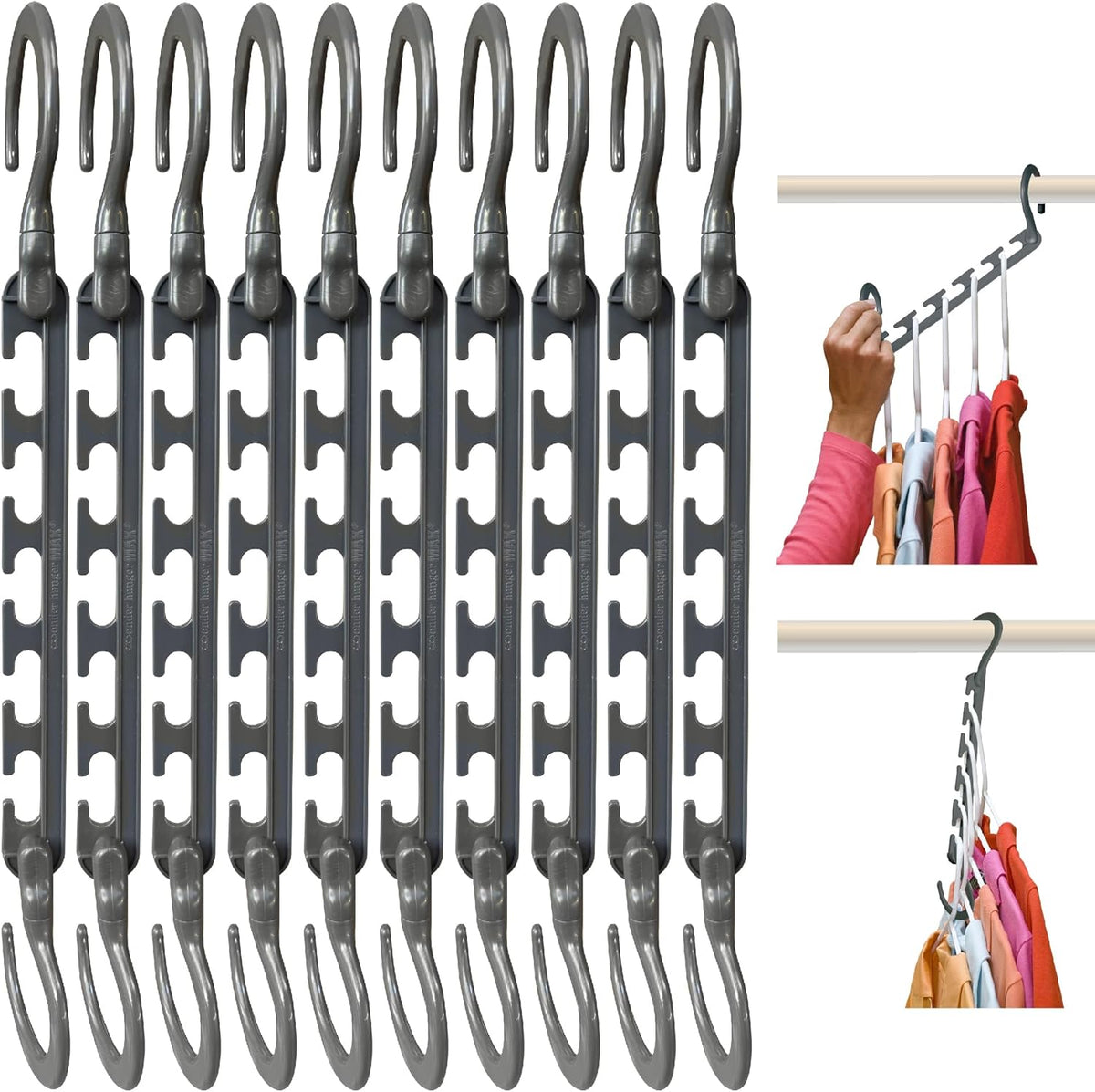 Wonder Hanger Max Space Saving Closet Hangers, 10-Pack, 360° Swivel, Grey